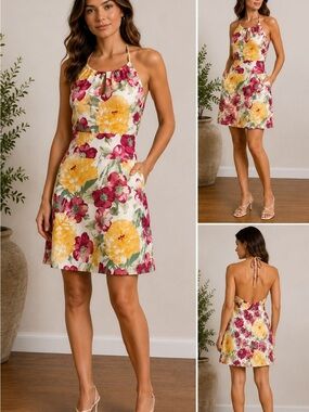 Ann Taylor LOFT Petites 12P 100% Silk Floral Halter Dress NWOT Keyhole Summer